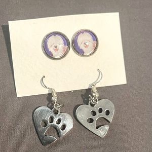 Love Your Dog Pair of 2 Earrings, Studs w Dog & Dangling Silver Heart Paw Prints
